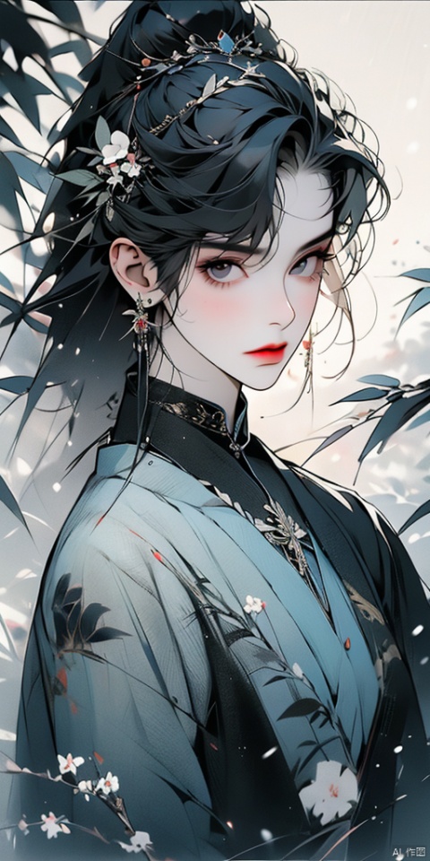 1girl, solo, long hair, black hair, hair ornament, jewelry, closed mouth, upper body, earrings, chinese clothes, branch