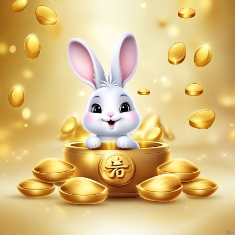 Cartoon version, cute beckoning rabbit, zodiac, background blur, gold ingots, festive