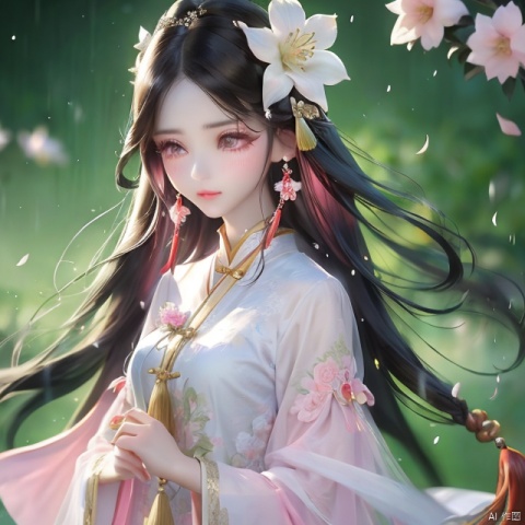 1girl, solo, long hair, blush, black hair, hair ornament, jewelry, upper body, flower, earrings, tears, hair flower, blurry, eyelashes, blurry background, chinese clothes, crying, tassel, pink flower, rain, crying with eyes open, branch, red lips, tassel earrings, flower earrings