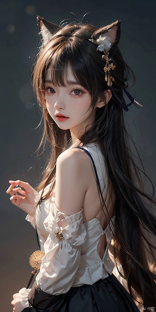 1girl, solo, long hair, breasts, looking at viewer, blush, bangs, skirt, shirt, hair ornament, long sleeves, animal ears, hair between eyes, bare shoulders, jewelry, medium breasts, very long hair, closed mouth, purple eyes, white shirt, upper body, pink hair, earrings, detached sleeves, japanese clothes, looking back, wide sleeves, gradient, fox ears, gradient background, black background, ribbon trim, nontraditional miko, vision \(genshin impact\), yae miko