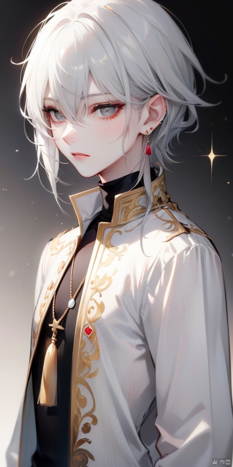 solo, looking at viewer, short hair, bangs, 1boy, hair between eyes, jewelry, closed mouth, upper body, white hair, grey hair, male focus, earrings, grey eyes, turtleneck, tassel, bishounen, tassel earrings