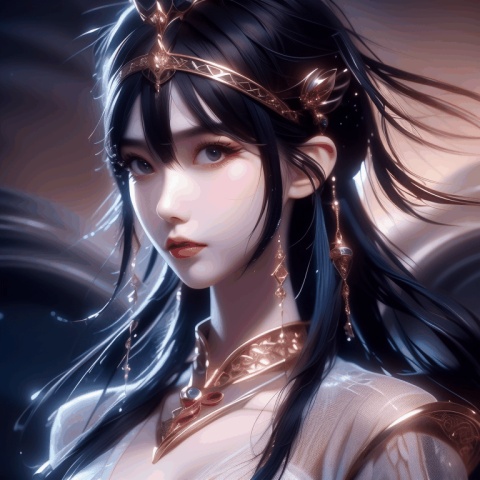 (High Quality, High Quality, Art, Beauty, Aesthetics: 1.2), a Chinese ancient costume girl looking back, tied her hair and wearing a hair crown, gold jewelry, beautiful face, flowing hair, flowing clothes, tight face, original game character painting, 1girl