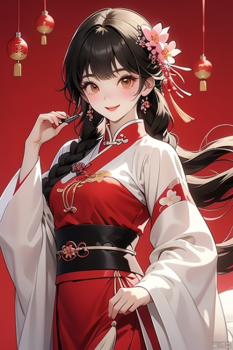 (Top quality, best quality, art, beauty and aesthetics: 1.2) 1 Girls, cute, red background, smile, coins, braids, Chinese New Year, open your mouth, hair accessories, solo, look at the audience, double braids, Chinese clothes, long hair, long sleeves, embrace, powder blusher, wide sleeves, brown eyes, black hair, ribbons, hair flower, red dress, flower, hair band