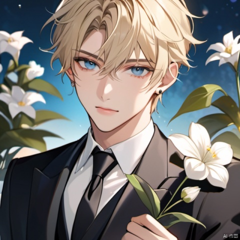 solo, looking at viewer, short hair, blue eyes, blonde hair, shirt, long sleeves, 1boy, holding, jewelry, closed mouth, white shirt, upper body, flower, male focus, earrings, black jacket, grey eyes, formal, plant, white flower, holding flower, bishounen