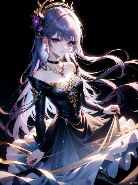 1girl, solo, long hair, looking at viewer, blush, smile, bangs, blue eyes, hair ornament, long sleeves, dress, ribbon, holding, jewelry, hair ribbon, upper body, purple hair, flower, earrings, parted lips, choker, hair flower, necklace, black dress, halo, stairs, holding flower