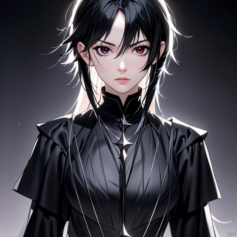 (High quality, best quality, artistic, beautiful and aesthetic: 1.2), girl, Gothic style, 2D anime, black shiny hair, red eyes, sword eyebrows, sharp black eyes, thin and pursed lips, sharp contours, slender figure, aloof and solitary, imposing, red moon, half body photo, special effects, ultra clear, hazy
