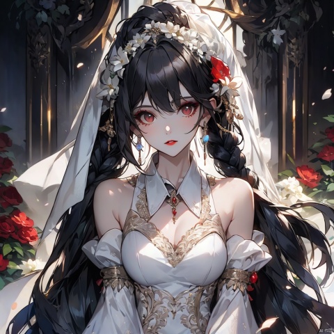 1girl, solo, long hair, looking at viewer, black hair, hair ornament, dress, bare shoulders, jewelry, upper body, braid, flower, earrings, detached sleeves, white dress, twin braids, makeup, detached collar, expressionless, white flower, gem, veil, hair over shoulder, wedding dress, red lips, bridal veil