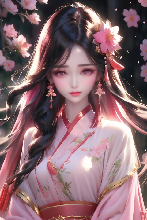  1girl, solo, long hair, blush, black hair, hair ornament, jewelry, upper body, flower, earrings, tears, hair flower, blurry, eyelashes, blurry background, chinese clothes, crying, tassel, pink flower, rain, crying with eyes open, branch, red lips, tassel earrings, flower earrings