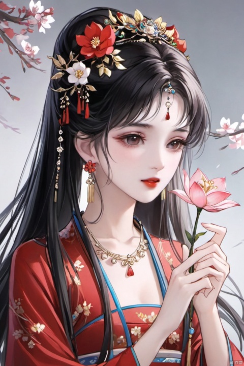 1girl, solo, long hair, black hair, hair ornament, dress, holding, jewelry, upper body, flower, earrings, necklace, red dress, chinese clothes, holding flower, xinyue