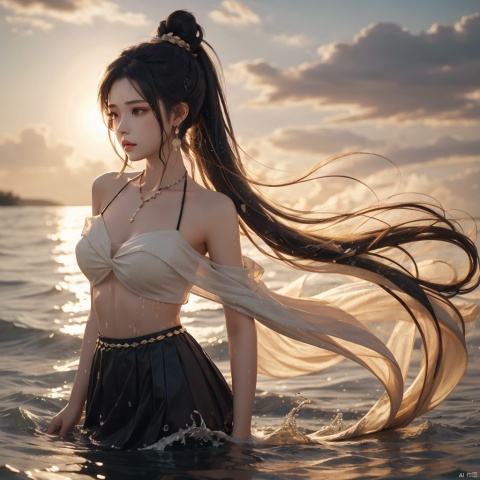 1girl, solo, long hair, skirt, brown hair, black hair, hair ornament, bare shoulders, jewelry, ponytail, earrings, water, hair bun, single hair bun, wading, splashing, girl