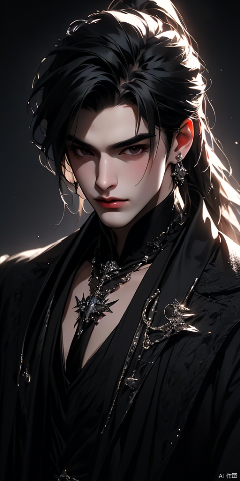  {gothic},{very detailed light},{painting},{{very fine 8K CG wallpaper}}, (Premium, Best Quality, Art, Beauty and Aesthetics: 1.2),solo, long hair, looking at viewer, black hair, 1boy, jewelry, closed mouth, upper body, ponytail, male focus, earrings, snake