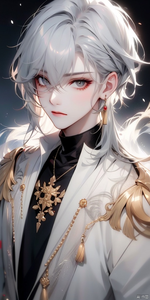 solo, looking at viewer, short hair, bangs, 1boy, hair between eyes, jewelry, closed mouth, upper body, white hair, grey hair, male focus, earrings, grey eyes, turtleneck, tassel, bishounen, tassel earrings