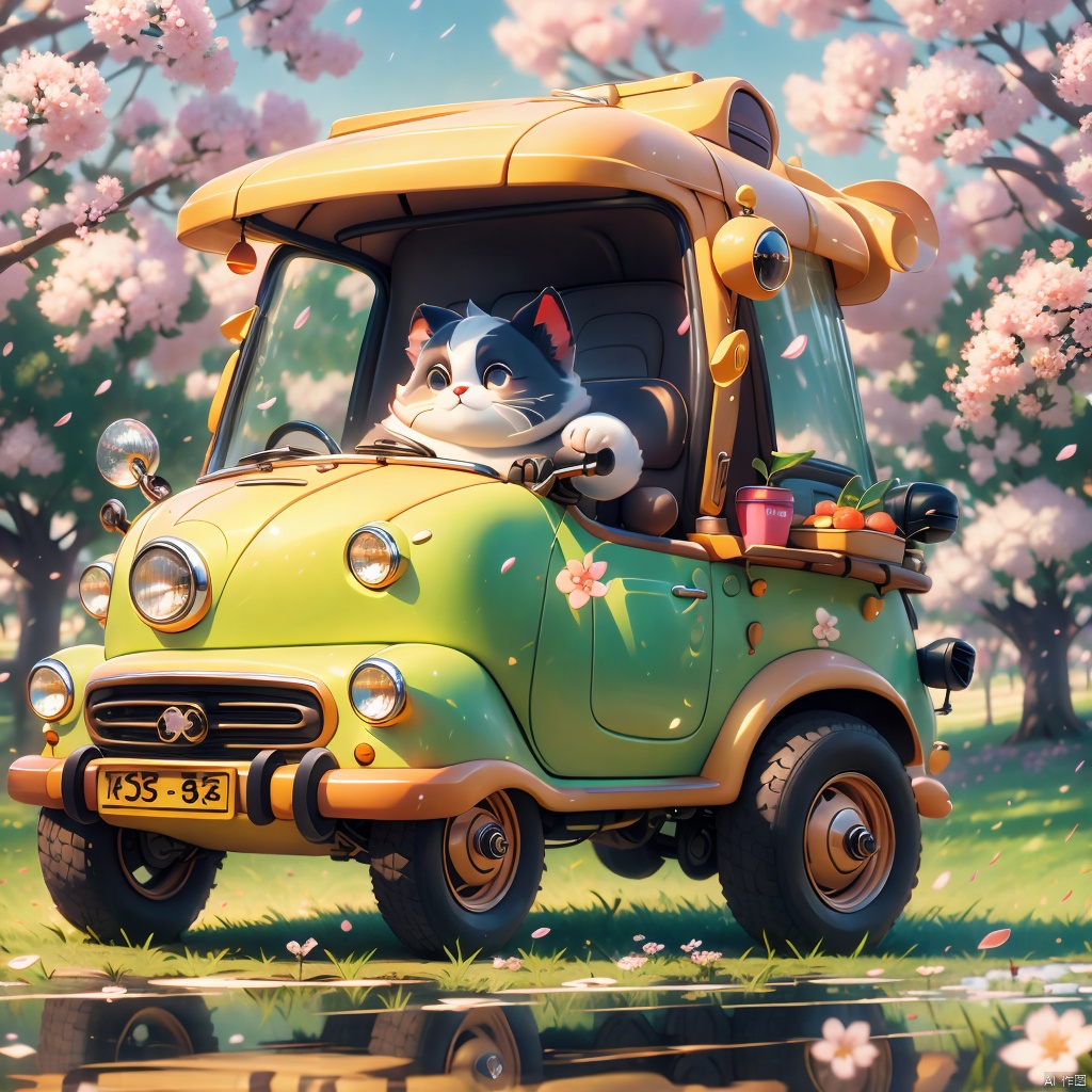 outdoors, food, blurry, tree, no humans, cherry blossoms, ground vehicle, motor vehicle, reflection, car, vehicle focus, chubby