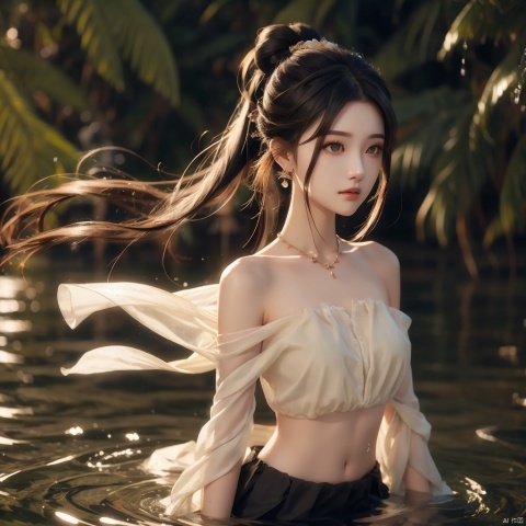 1girl, solo, long hair, skirt, brown hair, black hair, hair ornament, bare shoulders, jewelry, ponytail, earrings, water, hair bun, single hair bun, wading, splashing