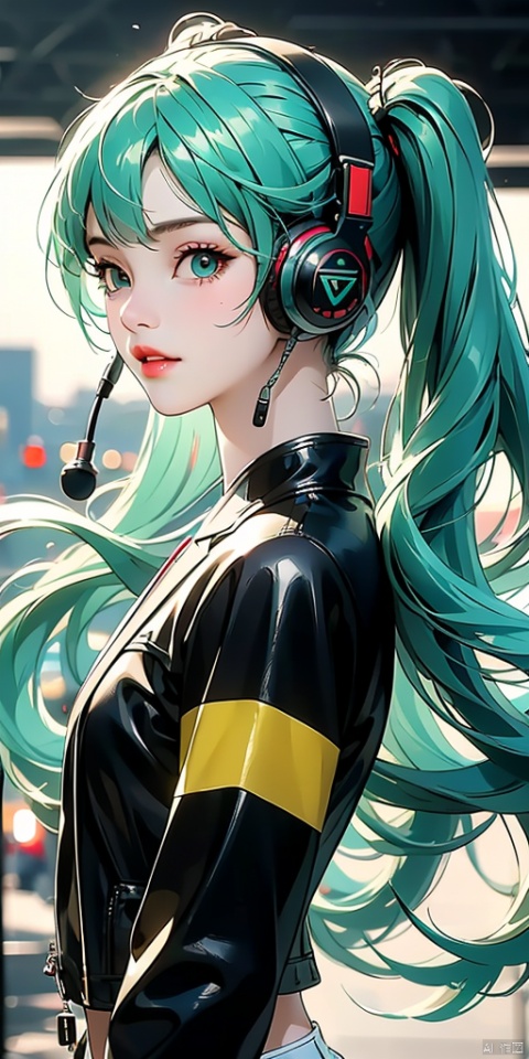 1girl, solo, looking at viewer, bangs, twintails, jacket, upper body, sidelocks, parted lips, blurry, aqua eyes, lips, black jacket, aqua hair, blurry background, headphones, portrait, high collar, cable, hatsune miku