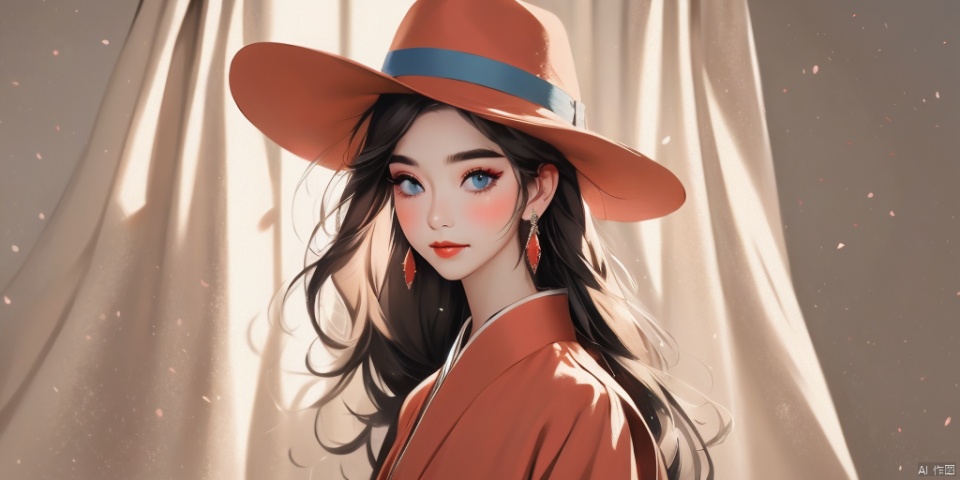 solo, long hair, looking at viewer, blush, blue eyes, black hair, 1girl, hat, jewelry, closed mouth, upper body, male focus, earrings, indoors, black headwear, makeup, chinese clothes, sunlight, lipstick, curtains, red shirt, light particles, red lips
