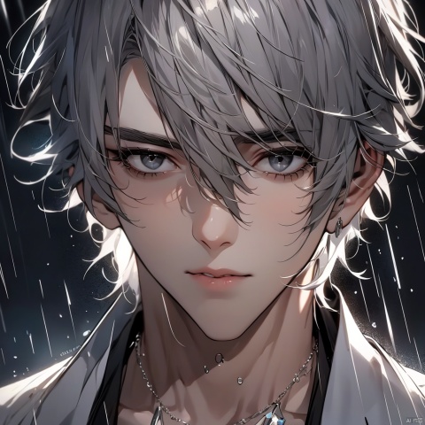 solo, looking at viewer, short hair, bangs, black hair, 1boy, hair between eyes, jewelry, closed mouth, grey hair, male focus, necklace, black eyes, lips, grey eyes, portrait, close-up, rain, realistic