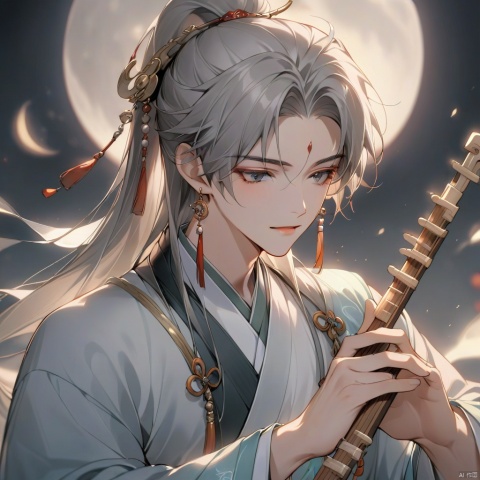 solo, long hair, hair ornament, 1boy, holding, jewelry, upper body, ponytail, grey hair, male focus, earrings, blurry, chinese clothes, moon, instrument, music, playing instrument, holding instrument, hanfu, flute