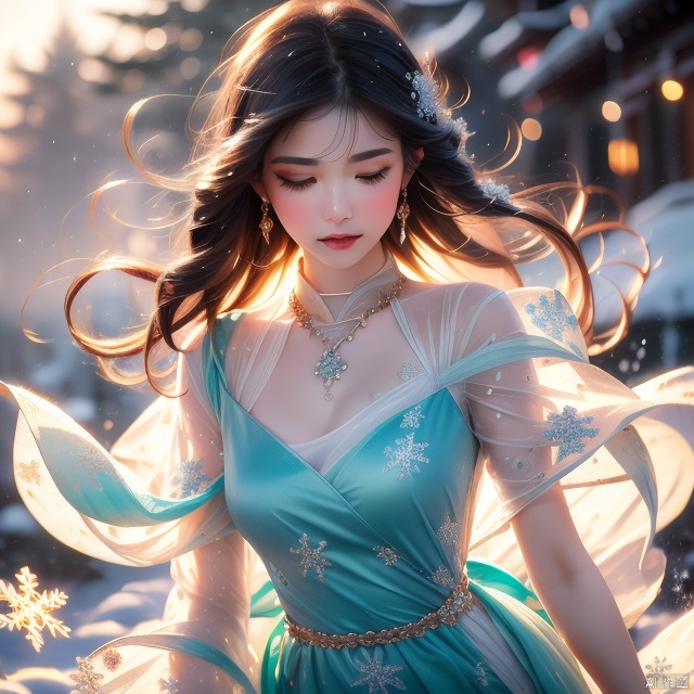  Medium: Ultra-fine painting. Subject: A young woman in a  Blue colordress  running,adorned with jade jewelry, Emotion: Tranquil. Lighting: Soft,highlighting the snowflakes. Scene: A snowy landscape with delicate snowflakes falling around her and the loong. Style: Ultra-detailed realism with a colorful palette., hair, girl