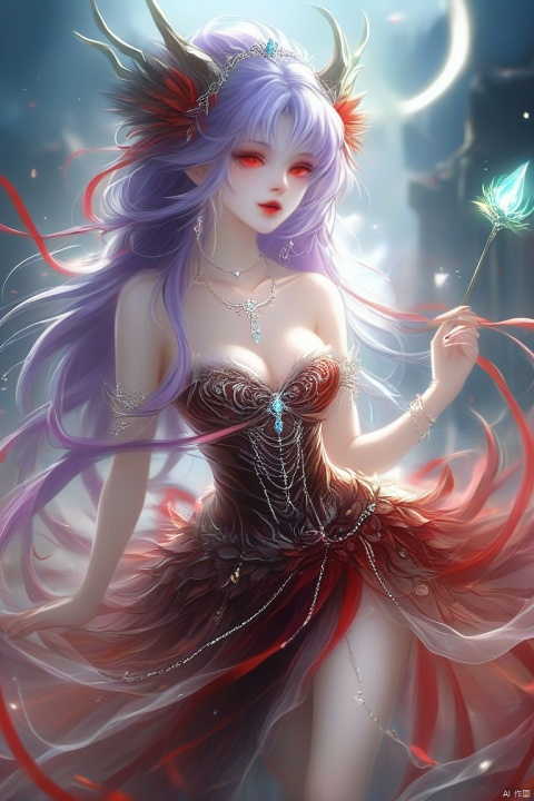 Costumes, jewelry, necklaces, glittering skirts, tulle, lines light, transparent, flowing, underworld, hell, goblins, purple hair, long hair, tongue licking lips, seduction, close-up, red eyes