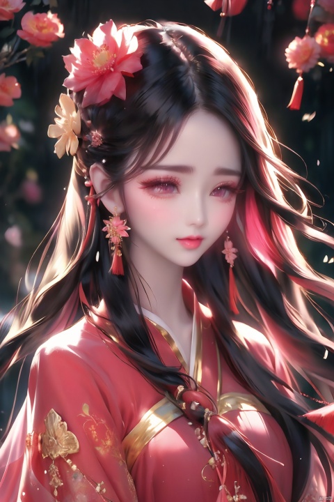  1girl, solo, long hair, blush, black hair, hair ornament, jewelry, upper body, flower, earrings, tears, hair flower, blurry, eyelashes, blurry background, chinese clothes, crying, tassel, pink flower, rain, crying with eyes open, branch, red lips, tassel earrings, flower earrings