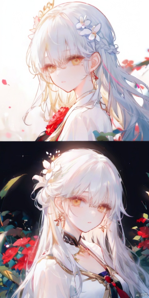 1girl, long hair, looking at viewer, hair ornament, 1boy, jewelry, yellow eyes, flower, white hair, earrings, hair flower, mole, fur trim, mole under eye, siblings, facial mark, red flower, brother and sister, branch, bishounen