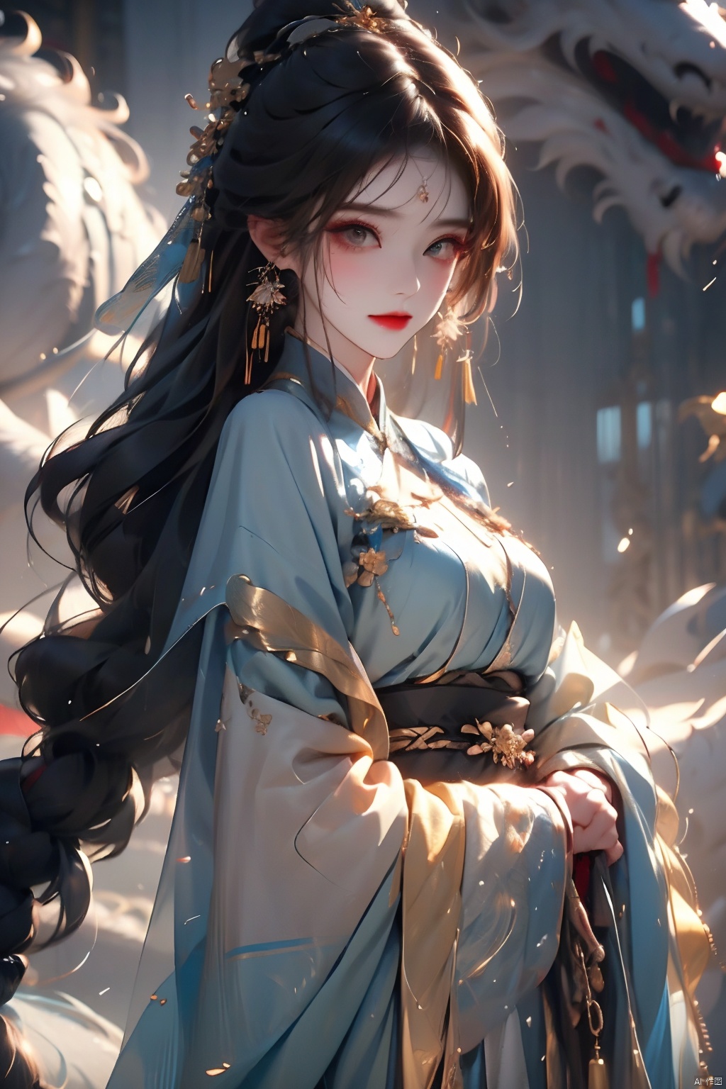  , (masterpiece:1.2), best quality,PIXIV,long hair, shoulder armor, black hair, gloves, hanfu, brown hair, white gloves, chinese clothes, looking at viewer, tassel, earrings, wide sleeves, jewelry, standing, long sleeves, pauldrons, closed mouth, ponytail, dragon, brown eyes, bangs, cape,Chinese girl,traditional Chinese, qiuyinong,midjourney portrait, backlight, colors, Hanfu, fire, HUBG_Rococo_Style(loanword), long, girl,face
