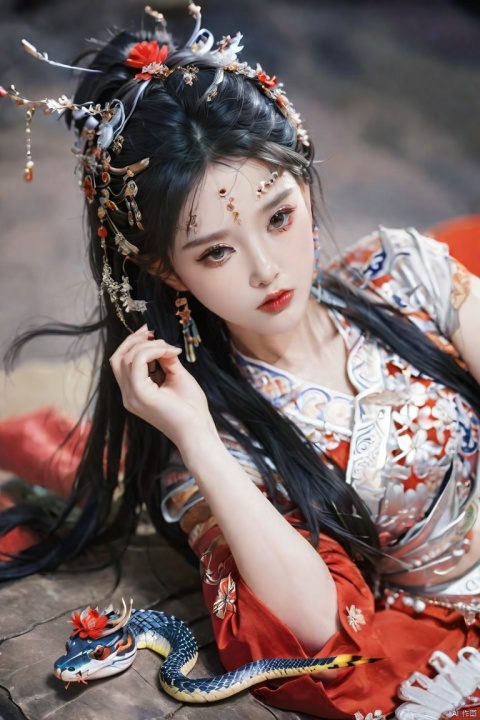  1 girl, solo, long hair, looking at the audience, black hair, hair accessories, flowers, hair flowers, black eyes, makeup, lipstick, snake, motion blur, red lips, Miao silver phoenix crown, lying on her stomach, xinyue