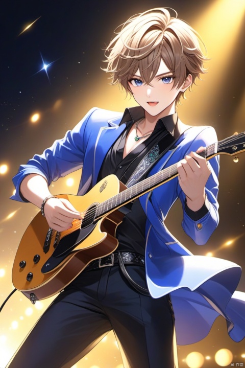 Idol boy, handsome guy, vitality, lively, energetic, short hair, stage, lights, gorgeous, action full of energy, high quality, masterpiece, jewel-like eyes, eyes sparkling, playing guitar, flowing hair, light, dynamic action ,