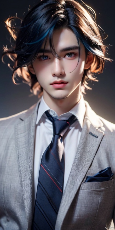 solo, looking at viewer, short hair, bangs, blue eyes, simple background, shirt, red eyes, 1boy, hair between eyes, closed mouth, blue hair, jacket, white shirt, upper body, male focus, necktie, striped, collared shirt, grey background, vest, gradient, gradient background, heterochromia, formal, suit, portrait, blue necktie, lapels