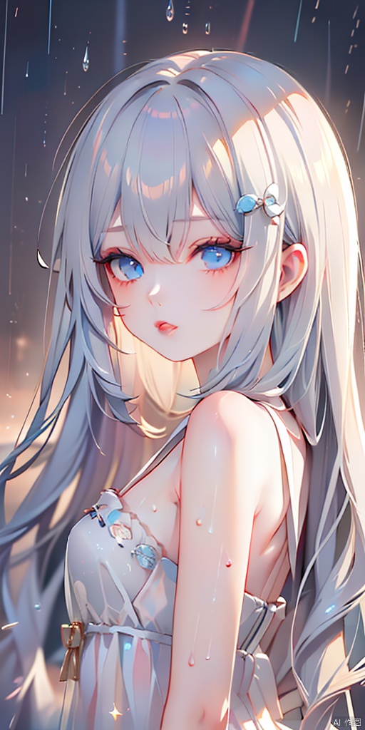 1girl, solo, long hair, looking at viewer, bangs, blue eyes, hair ornament, blue hair, upper body, white hair, parted lips, from side, lips, portrait, rain, girl