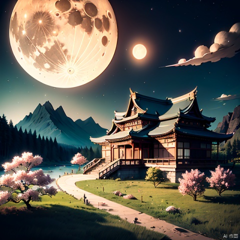 outdoors, sky, cloud, tree, no humans, night, moon, grass, cherry blossoms, scenery, full moon, rock, mountain, architecture, east asian architecture