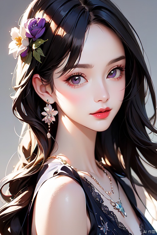 1 girl, gorgeous, seductive and charming, purple sexy long dress, beautiful flower knot, art trends, beautiful anime portraits, lovely art style, aesthetic portraits, detailed portraits of anime women, realistic cute girl paintings, realistic portraits, high quality portraits, Trends in cgstation, stunning anime face portraits, beautiful digital illustrations, beautiful character paintings, anime women's Portrait, HD detailed lines of features, full body shot, perfect face, high resolution, high quality, high detail, beautiful wallpaper, official art, delicate headdress, headband with flowers, necklace, lace, overall purple colour scheme, fantastic purple tones, the, girl
