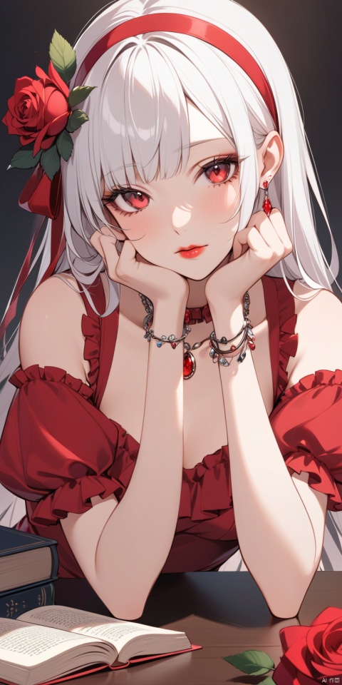 1girl, solo, long hair, looking at viewer, hair ornament, red eyes, dress, ribbon, jewelry, hair ribbon, upper body, flower, white hair, short sleeves, earrings, frills, choker, puffy sleeves, hair flower, necklace, bracelet, red ribbon, puffy short sleeves, book, rose, red dress, table, red flower, pale skin, hand on own face, head rest, red rose, hand on own cheek, red lips