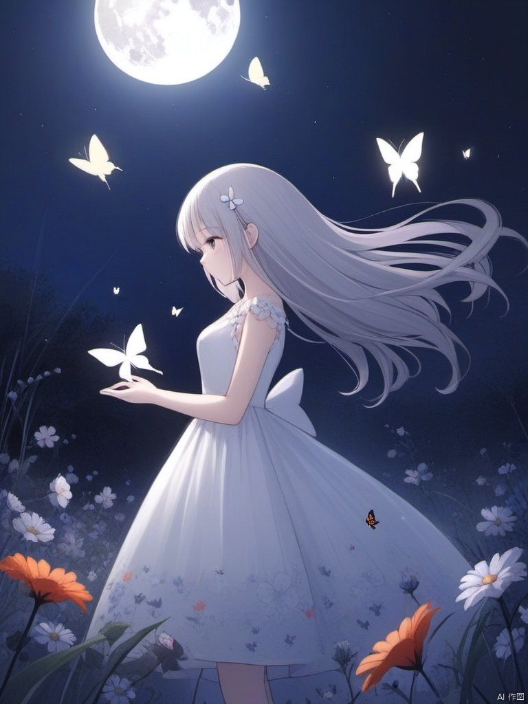1girl, solo, dress, flower, no humans, moon, bug, butterfly
