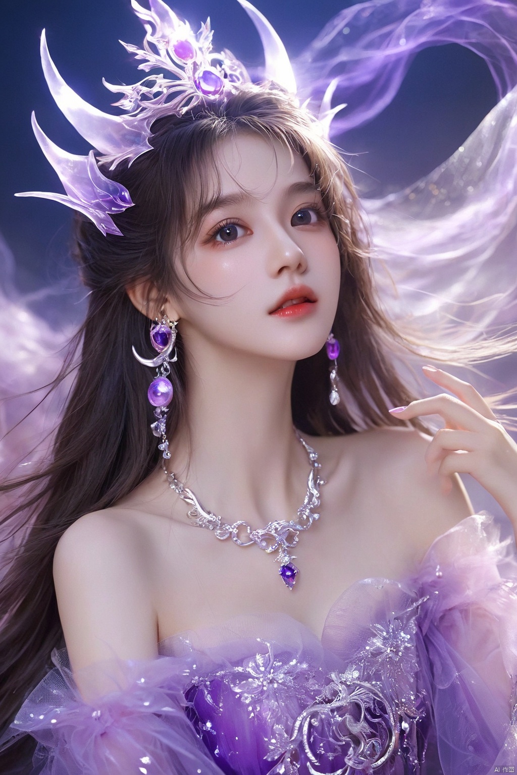 Clothing, jewelry, necklaces, glittering skirts, tulle, light, transparent, flowing, underworld, hell, goblins, gradient hair, long hair, sticking out the tongue, winking, close-up, (purple eyes), crescent, girl, beauty, xinyue,Beauty