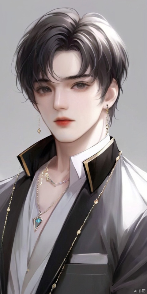 solo, looking at viewer, short hair, bangs, simple background, shirt, black hair, 1boy, white background, jewelry, closed mouth, jacket, upper body, grey hair, male focus, earrings, collared shirt, hair over one eye, grey eyes, black shirt, formal, white jacket, portrait