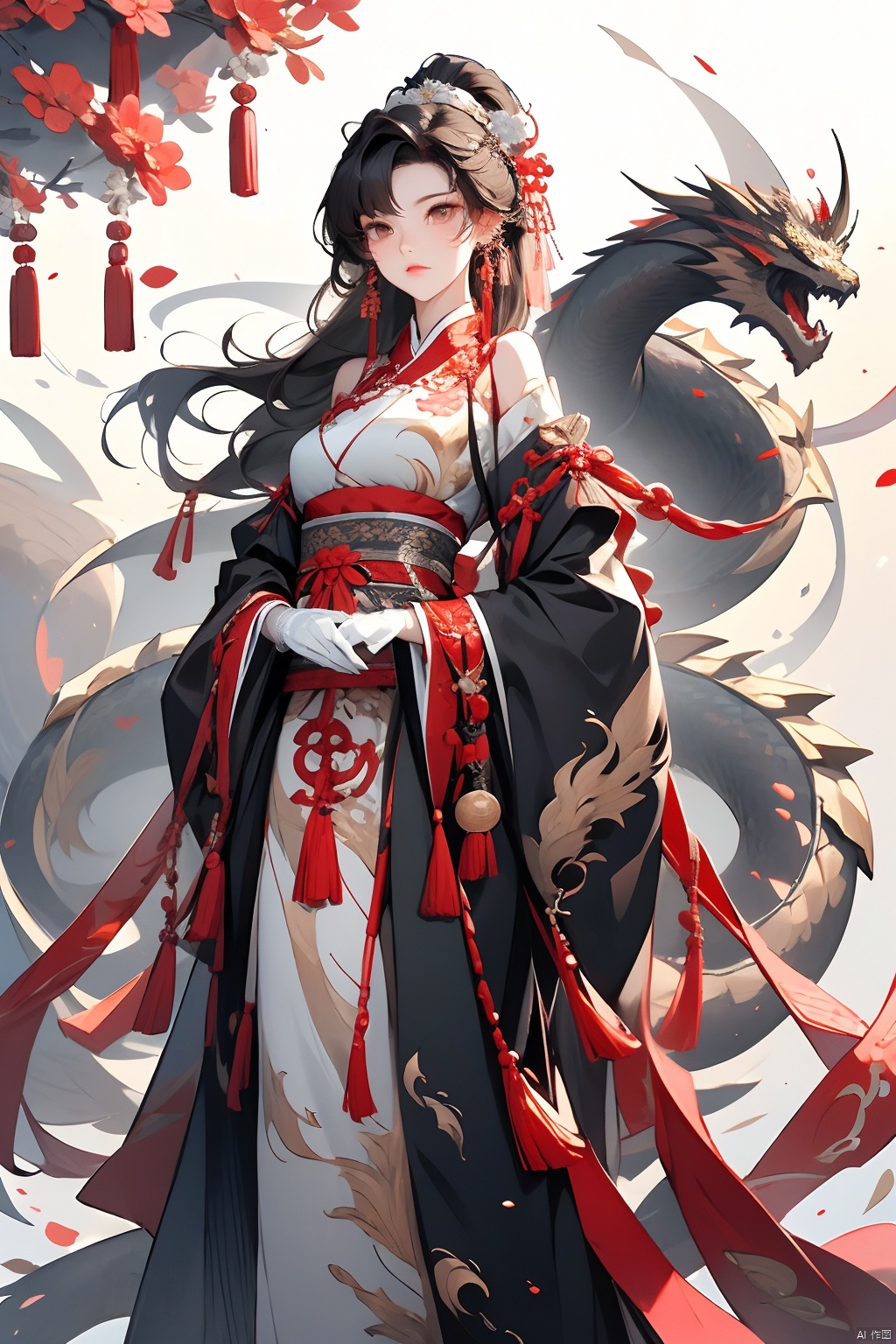  , (masterpiece:1.2), best quality,PIXIV,long hair, shoulder armor, black hair, gloves, hanfu, brown hair, white gloves, chinese clothes, looking at viewer, tassel, earrings, wide sleeves, jewelry, standing, long sleeves, pauldrons, closed mouth, ponytail, dragon, brown eyes, bangs, cape,Chinese girl,traditional Chinese, qiuyinong,midjourney portrait, backlight, colors, Hanfu, fire, HUBG_Rococo_Style(loanword), long, girl