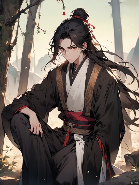 solo, long hair, looking at viewer, black hair, long sleeves, 1boy, brown eyes, sitting, closed mouth, male focus, outdoors, day, wide sleeves, hair bun, sash, chinese clothes, single hair bun, rock, branch, hanfu