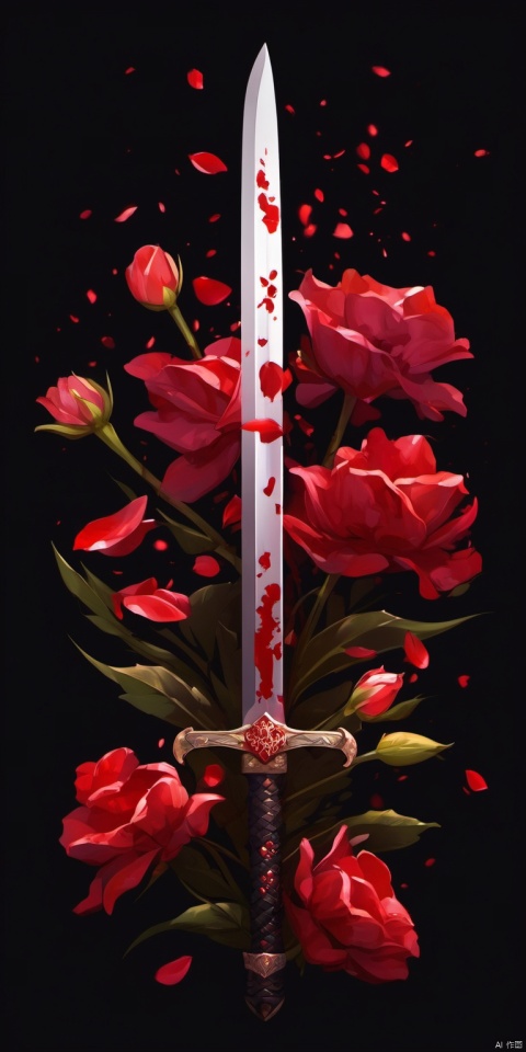 bloodied weapon, flower, sword, petals, no one, black background, red theme, still life