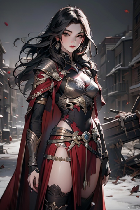 Battlefield, ruins, female warriors, red armor, Armor, midjourney portrait, girl, 