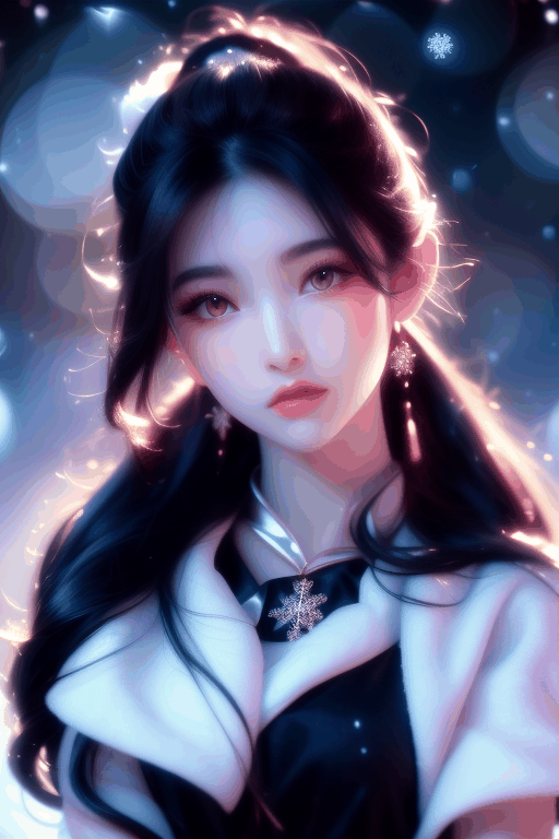  Ultra fine painting. A beautiful girl with a thin face, black eyes, black and white gradient long hair, ponytail, tassels, decoration, wearing a black dress adorned with jewelry, cape, looking at the sky, white wolf packs lying beside her, peaceful. Light: Soft, highlighting snowflakes, scene: A snowy landscape, moonlight, ultra fine, hair