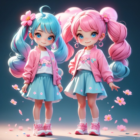 1girl, solo, long hair, looking at viewer, smile, blue eyes, skirt, shirt, hair ornament, twintails, jewelry, blue hair, full body, pink hair, flower, multicolored hair, earrings, shoes, hair flower, chibi, gradient hair, child, freckles, pink shirt, girl, blind box effect