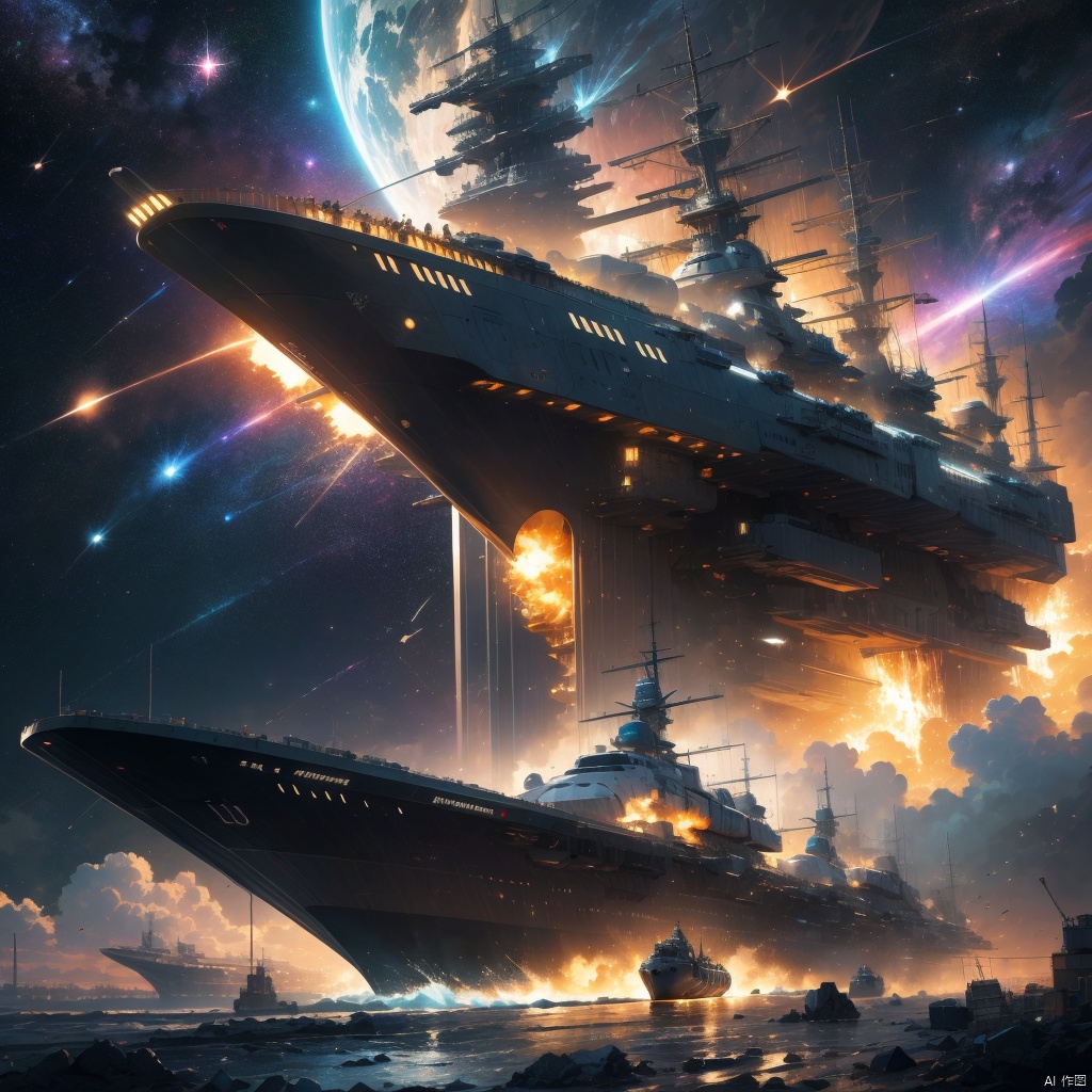 Space battleship, super large quantum reaction inference engine, futuristic style, flat and slender battleship, interstellar battleship, space colonization, slender polygonal hull, slightly raised bridge, super large main guns on both sides, straight gun barrels, product description illustrations, displaying complete hull, 8K,