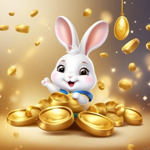 Cartoon version, cute beckoning rabbit, zodiac, background blur, gold ingots, festive