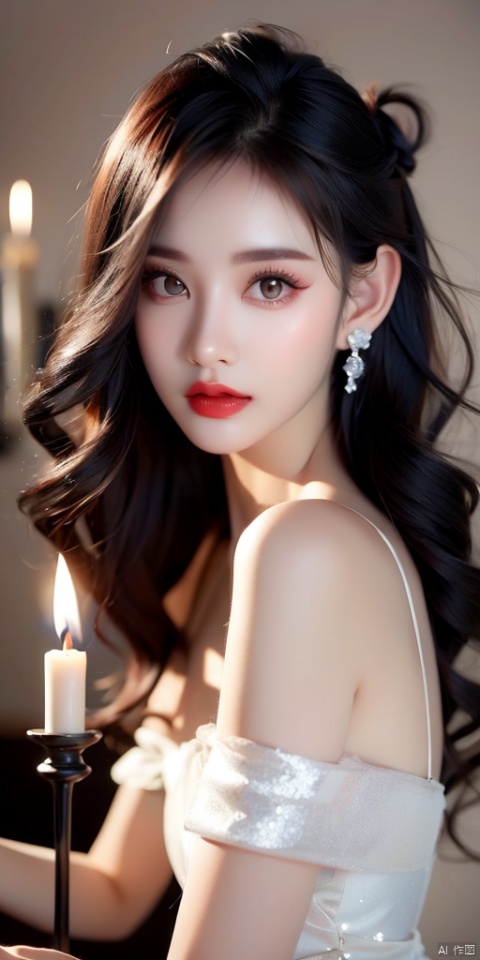 1girl, solo, long hair, looking at viewer, blush, bangs, black hair, hair ornament, red eyes, dress, bare shoulders, jewelry, upper body, earrings, parted lips, glasses, necklace, off shoulder, hair bun, white dress, blurry, lips, makeup, blurry background, wavy hair, single hair bun, lipstick, head rest, round eyewear, red lips, candle, candlestand, candlelight,pale skin, barbed wire, game CG, long hair, blushing, red lips, fighting, injury, eye shadow, tulle, hazy night, delicate face, earrings, jewelry, xinyue, loli, girl, boy