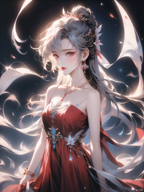 1girl, solo, long hair, hair ornament, red eyes, dress, ribbon, jewelry, hair ribbon, upper body, flower, white hair, earrings, sky, hair flower, necklace, bracelet, night, chinese clothes, moon, red dress, rabbit, hanfu