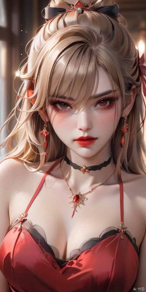 1girl, solo, long hair, breasts, looking at viewer, bangs, blonde hair, brown hair, hair ornament, red eyes, dress, ribbon, bare shoulders, jewelry, hair ribbon, upper body, earrings, parted lips, sleeveless, choker, indoors, necklace, eyelashes, black ribbon, blood, makeup, sleeveless dress, red dress, lipstick, blood on face, red lips