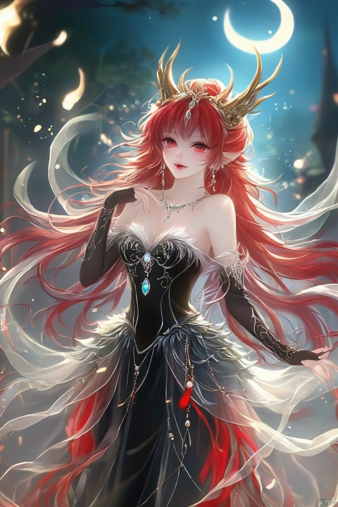 Costumes, jewelry, necklaces, glittering skirts, tulle, lines of light, transparent, flowing, underworld, hell, goblins, red hair, long hair, sticking out tongue, winking eyes, close-up, purple eyes,