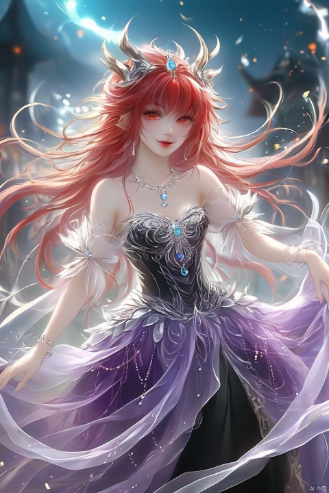Costumes, jewelry, necklaces, glittering skirts, tulle, lines of light, transparent, flowing, underworld, hell, goblins, red hair, long hair, sticking out tongue, winking eyes, close-up, purple eyes,
